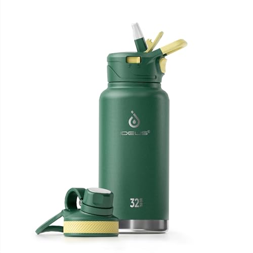 IDEUS Vakuumisolierte Wasserflasche, 32oz (950 ml) Edelstahl Doppelwand Flasche Metall Sport Kantine mit auslaufsicherem Schraubverschluss (Grün) von Ideus