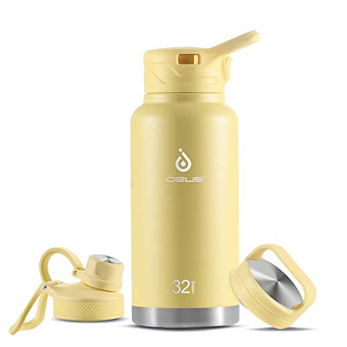 IDEUS Vakuumisolierte Wasserflasche, 32oz (950 ml) Edelstahl Doppelwand Flasche Metall Sport Kantine mit auslaufsicherem Schraubverschluss (Hellgelb) von Ideus