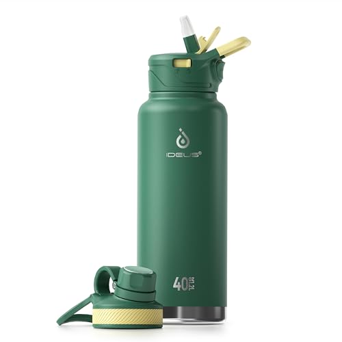 IDEUS Vakuumisolierte Wasserflasche, 40oz (1140 ml) Edelstahl Doppelwand Flasche Metall Sport Kantine mit auslaufsicherem Schraubverschluss (Grün) von Ideus