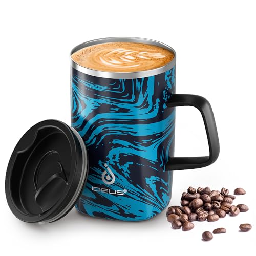 Ideus® Kaffeebecher 470 ml (16 oz), doppelwandige vakuumisolierte Kaffee- und Teetasse aus Edelstahl mit rutschfestem Griff und Schiebemoduldeckel und großem Volumen (Blau Zebra) von Ideus