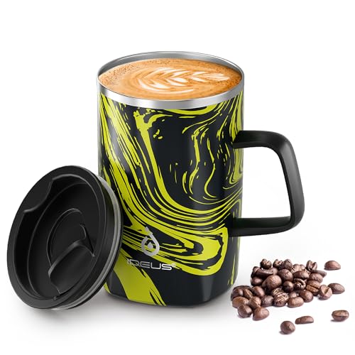 Ideus® Kaffeebecher 470 ml (16 oz), doppelwandige vakuumisolierte Kaffee- und Teetasse aus Edelstahl mit rutschfestem Griff und Schiebemoduldeckel und großem Volumen (Gelb Zebra) von Ideus