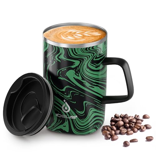 Ideus® Kaffeebecher 470 ml (16 oz), doppelwandige vakuumisolierte Kaffee- und Teetasse aus Edelstahl mit rutschfestem Griff und Schiebemoduldeckel und großem Volumen (Grün Zebra) von Ideus