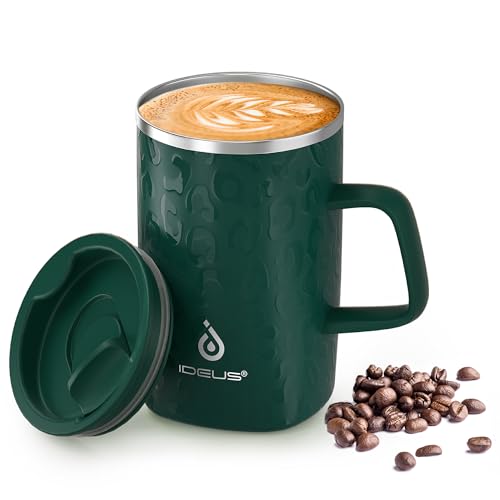 Ideus® Kaffeebecher 470 ml (16 oz), doppelwandige vakuumisolierte Kaffee- und Teetasse aus Edelstahl mit rutschfestem Griff und Schiebemoduldeckel und großem Volumen (Leapord Dark Grün) von Ideus