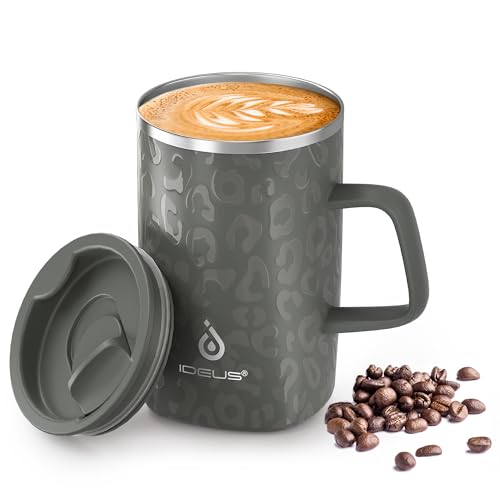 Ideus® Kaffeebecher 470 ml (16 oz), doppelwandige vakuumisolierte Kaffee- und Teetasse aus Edelstahl mit rutschfestem Griff und Schiebemoduldeckel und großem Volumen (Leapord Grau) von Ideus