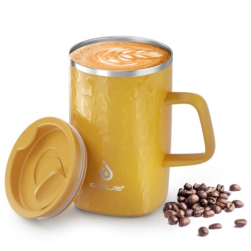 Ideus® Kaffeebecher 470 ml (16 oz), doppelwandige vakuumisolierte Kaffee- und Teetasse aus Edelstahl mit rutschfestem Griff und Schiebemoduldeckel und großem Volumen (Leapord Honey) von Ideus
