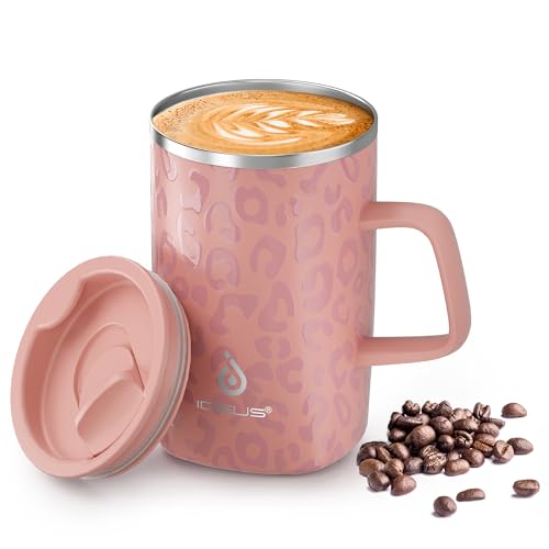 Ideus® Kaffeebecher 470 ml (16 oz), doppelwandige vakuumisolierte Kaffee- und Teetasse aus Edelstahl mit rutschfestem Griff und Schiebemoduldeckel und großem Volumen (Leapord Pink) von Ideus