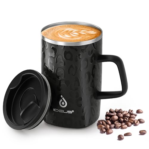 Ideus® Kaffeebecher 470 ml (16 oz), doppelwandige vakuumisolierte Kaffee- und Teetasse aus Edelstahl mit rutschfestem Griff und Schiebemoduldeckel und großem Volumen (Leapord Schwarz) von Ideus