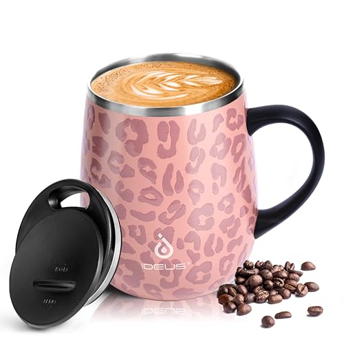 Ideus® Kaffeebecher 470 ml (16 oz), doppelwandige vakuumisolierte Kaffee- und Teetasse aus Edelstahl mit rutschfestem Griff und Schiebemoduldeckel und großem Volumen (Leopard Rosa) von Ideus
