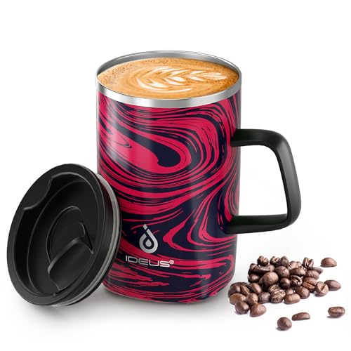 Ideus® Kaffeebecher 470 ml (16 oz), doppelwandige vakuumisolierte Kaffee- und Teetasse aus Edelstahl mit rutschfestem Griff und Schiebemoduldeckel und großem Volumen (Rot Zebra) von Ideus