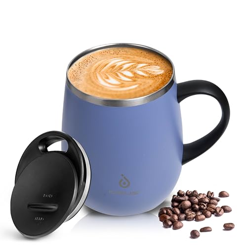 Ideus 473 ml Isolierter Kaffeebecher mit Griff und Deckel, doppelwandiger Edelstahl, vakuumisolierter Becher, Reise-Kaffeetasse, Thermobecher für Zuhause und Büro, Ozeanblau von Ideus