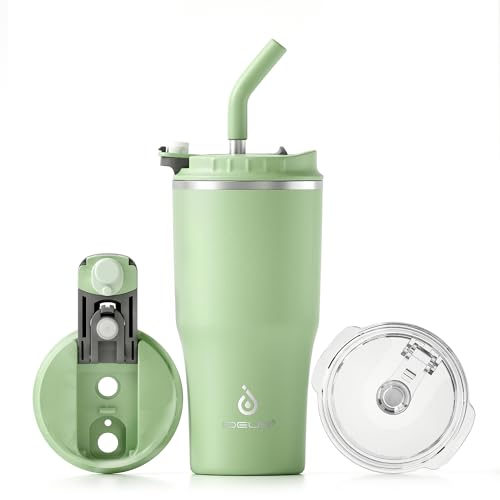 Ideus Isolierbecher 18oz (540ml), Doppelwandige Kaffeetasse Edelstahl Kaffeebecher Reisebecher mit auslaufsicherer Abdeckung und Stroh, geeignet für heiße und kalte Getränke (Grün) von Ideus