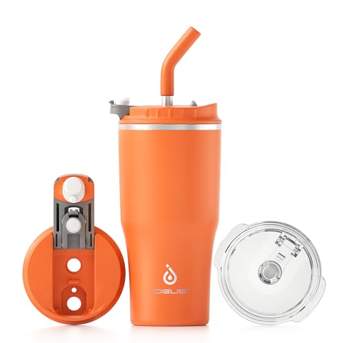 Ideus Isolierbecher 18oz (540ml), Doppelwandige Kaffeetasse Edelstahl Kaffeebecher Reisebecher mit auslaufsicherer Abdeckung und Stroh, geeignet für heiße und kalte Getränke (Orange) von Ideus