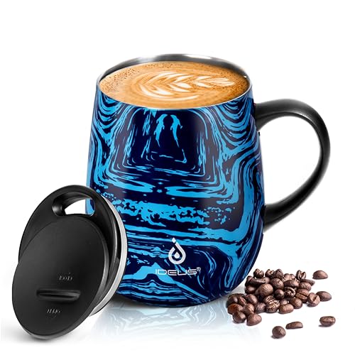 Ideus Kaffeebecher 470 ml (16 oz), doppelwandige vakuumisolierte Kaffee- und Teetasse aus Edelstahl mit rutschfestem Griff und Schiebemoduldeckel und großem Volumen (Blauer Druck) von Ideus