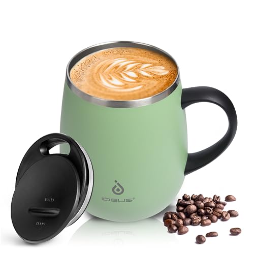 Ideus Kaffeebecher 470 ml (16 oz), doppelwandige vakuumisolierte Kaffee- und Teetasse aus Edelstahl mit rutschfestem Griff und Schiebemoduldeckel und großem Volumen (Grasgrün) von Ideus