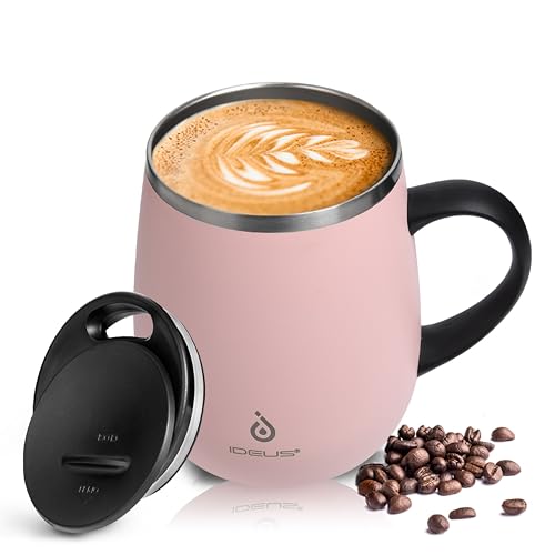 Ideus Kaffeebecher 470 ml (16 oz), doppelwandige vakuumisolierte Kaffee- und Teetasse aus Edelstahl mit rutschfestem Griff und Schiebemoduldeckel und großem Volumen (Hellrosa) von Ideus