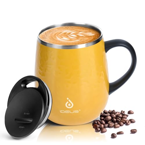 Ideus Kaffeebecher 470 ml (16 oz), doppelwandige vakuumisolierte Kaffee- und Teetasse aus Edelstahl mit rutschfestem Griff und Schiebemoduldeckel und großem Volumen (Leopard Gelb) von Ideus