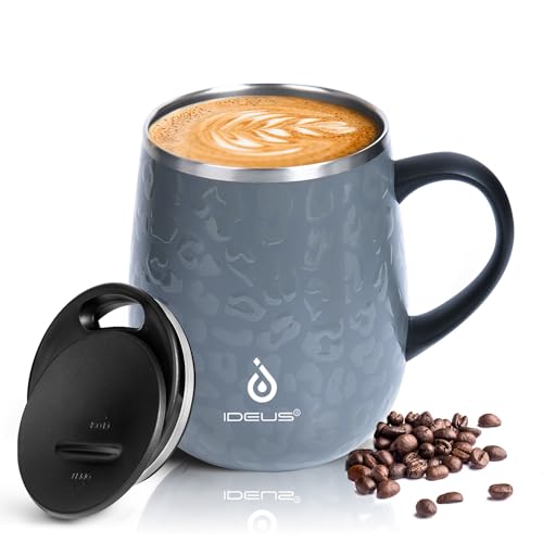 Ideus Kaffeebecher 470 ml (16 oz), doppelwandige vakuumisolierte Kaffee- und Teetasse aus Edelstahl mit rutschfestem Griff und Schiebemoduldeckel und großem Volumen (Leopard Grau) von Ideus