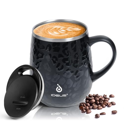 Ideus Kaffeebecher 470 ml (16 oz), doppelwandige vakuumisolierte Kaffee- und Teetasse aus Edelstahl mit rutschfestem Griff und Schiebemoduldeckel und großem Volumen (Leopard Schwarz) von Ideus