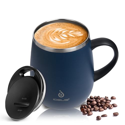 Ideus Kaffeebecher 470 ml (16 oz), doppelwandige vakuumisolierte Kaffee- und Teetasse aus Edelstahl mit rutschfestem Griff und Schiebemoduldeckel und großem Volumen (Marineblau) von Ideus