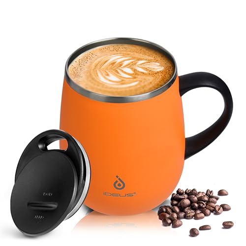 Ideus Kaffeebecher 470 ml (16 oz), doppelwandige vakuumisolierte Kaffee- und Teetasse aus Edelstahl mit rutschfestem Griff und Schiebemoduldeckel und großem Volumen (Orange) von Ideus