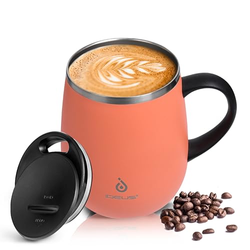 Ideus Kaffeebecher 470 ml (16 oz), doppelwandige vakuumisolierte Kaffee- und Teetasse aus Edelstahl mit rutschfestem Griff und Schiebemoduldeckel und großem Volumen (Pink) von Ideus