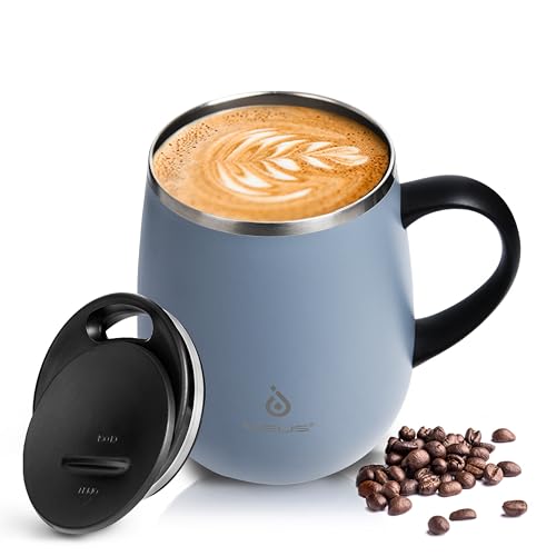 Ideus Kaffeebecher 470 ml (16 oz), doppelwandige vakuumisolierte Kaffee- und Teetasse aus Edelstahl mit rutschfestem Griff und Schiebemoduldeckel und großem Volumen (Steingrau) von Ideus