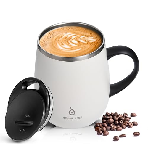 Ideus Kaffeebecher 470 ml (16 oz), doppelwandige vakuumisolierte Kaffee- und Teetasse aus Edelstahl mit rutschfestem Griff und Schiebemoduldeckel und großem Volumen (Weiß) von Ideus