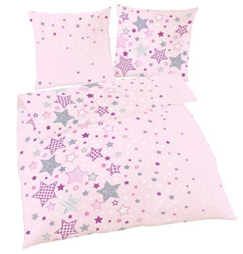 Bettwäsche 135x200 Sterne Kinder-Bettwäsche rosa 80x80 + 135x200, 100% Baumwolle Biber, Reißverschluss, Kinderbettwäsche, Mädchenbettwäsche von termana