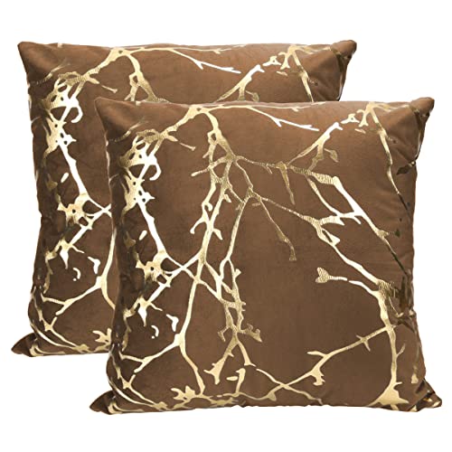 Idocolors 2er Set Samt Kissenbezug für Sofa 45x45 cm Dekorative Kissenhülle mit Goldenes Muster, Dekokissenbezuge für Schlafzimmer Wohnzimmer Zierkissenbezüge Braun von Idocolors