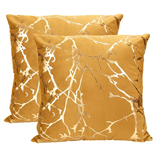 Idocolors 2er Set Samt Kissenbezug für Sofa 45x45 cm Dekorative Kissenhülle mit Goldenes Muster, Dekokissenbezuge für Schlafzimmer Wohnzimmer Zierkissenbezüge Gelb von Idocolors