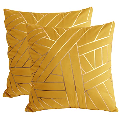 Idocolors 2er Set Samt Kissenbezug für Sofa Dekorative Kissenhülle mit Goldstreifen, Dekokissenbezuge für Schlafzimmer Wohnzimmer Zierkissenbezüge Gelb 45x45 cm von Idocolors