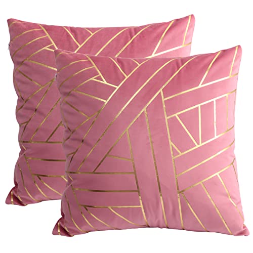 Idocolors 2er Set Samt Kissenbezug für Sofa Dekorative Kissenhülle mit Goldstreifen, Dekokissenbezuge für Schlafzimmer Wohnzimmer Zierkissenbezüge Rosa 45x45 cm von Idocolors