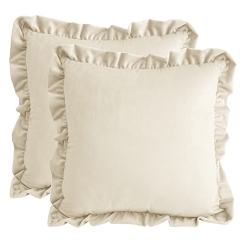 Idocolors 2er Set Samt Kissenbezug mit Rüschen für Sofa Dekorative Kissenhülle, Dekokissenbezuge für Schlafzimmer Wohnzimmer Zierkissenbezüge Creme 40x40 cm von Idocolors