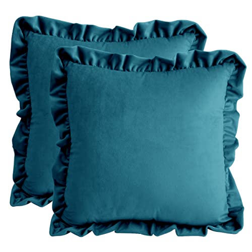 Idocolors 2er Set Samt Kissenbezug mit Rüschen für Sofa Dekorative Kissenhülle, Dekokissenbezuge für Schlafzimmer Wohnzimmer Zierkissenbezüge Dunkelblau 40x40 cm von Idocolors