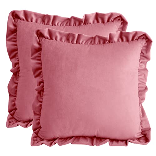 Idocolors 2er Set Samt Kissenbezug mit Rüschen für Sofa Dekorative Kissenhülle, Dekokissenbezuge für Schlafzimmer Wohnzimmer Zierkissenbezüge Rosa 40x40 cm von Idocolors