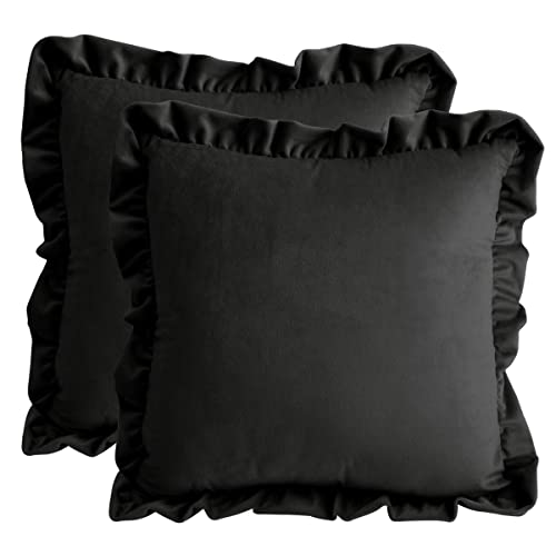 Idocolors 2er Set Samt Kissenbezug mit Rüschen für Sofa Dekorative Kissenhülle, Dekokissenbezuge für Schlafzimmer Wohnzimmer Zierkissenbezüge Schwarz 40x40 cm von Idocolors