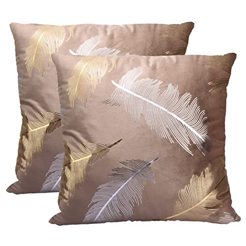 Idocolors Samt Kissenbezug 45x45 cm 2er Set Dekorative Kissenhülle mit Federmuster Sofakissen Dekokissenbezuge für Wohnzimmer Schlafzimmer, Khaki von Idocolors