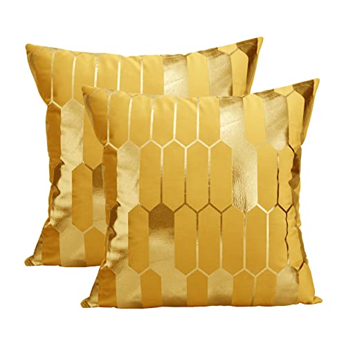 Idocolors Samt Kissenbezug 45x45 cm 2er Set Dekorative Kissenhülle mit Goldenes Muster, Dekokissenbezuge für Sofa Zierkissenbezüge Gelb von Idocolors