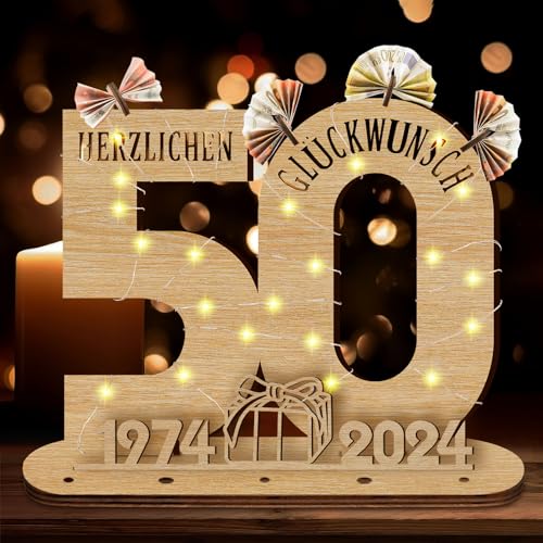 Idota 2024 50 Geburtstag Frau Holz-Schild mit LED Gästebuch Geburtstag Geldgeschenke Geburtstag Männer & Frauen, Geburtstag Deko 50 Geburtstag Mann Deko, Personalisierbares Geschenk von Idota