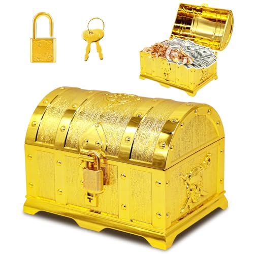 Idota Schatztruhe Kindergeburtstag, Schatzkiste Kindergeburtstag, Goldene Schatztruhe Klein, Schatztruhe mit Schloss Mit Deckel Und Schloss für Aufbewahren Und Dekorieren, Kindergeschenk von Idota