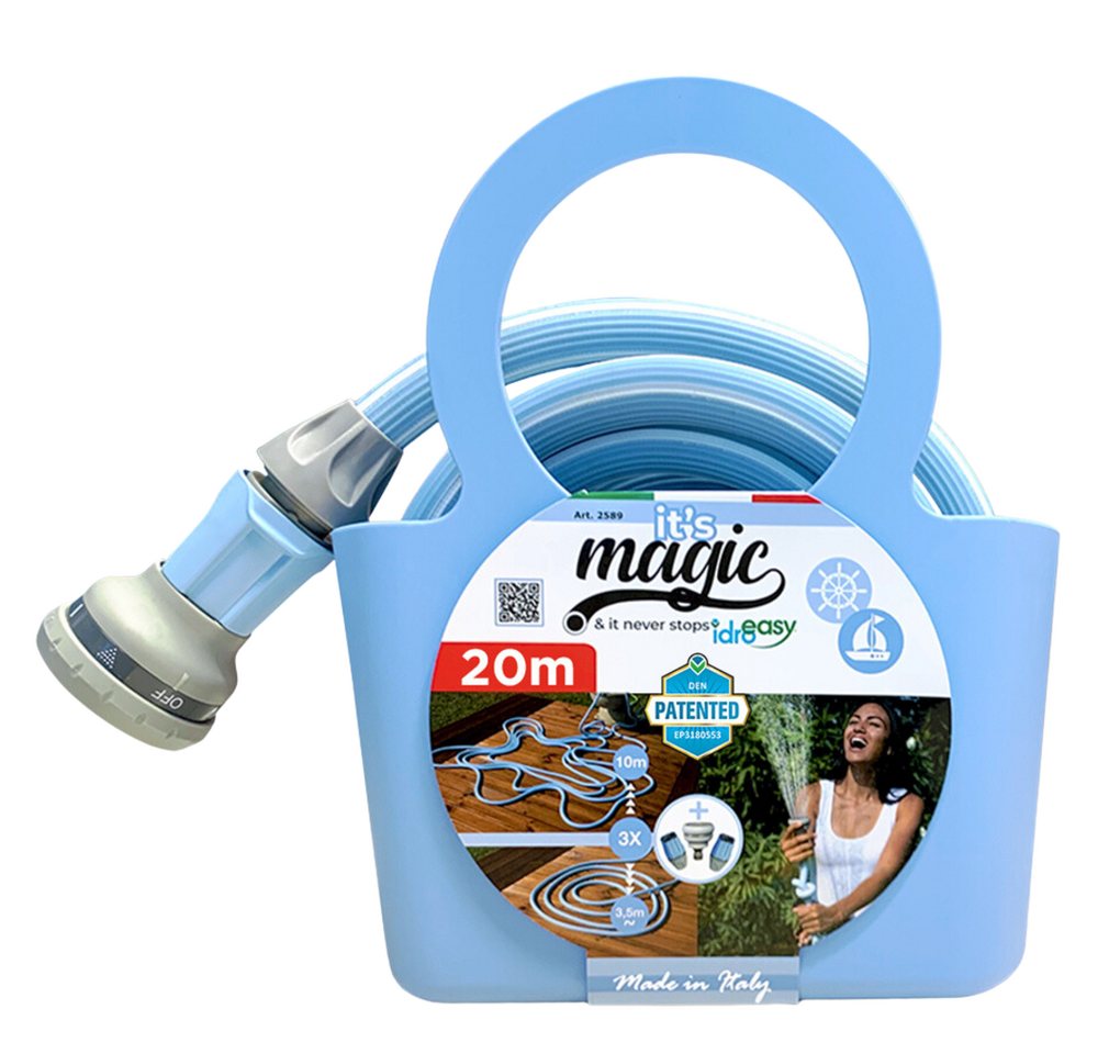 Idro Easy Gartenschlauch Magic Pastellblau, multifunktionale Brause (6 Wasserstrahl-Einstellungen), (5/8) bis zu 20 m dehnbar von Idro Easy