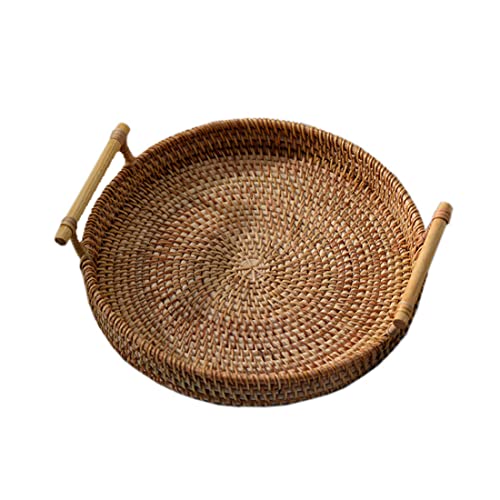Runde Rattan Storage Tably handgewebten Korbkorb mit Griff für Brotfrüchte Frühstücksausstellung (28x7 cm) Handgewebte Rattan-Tablett- von Iewroyt