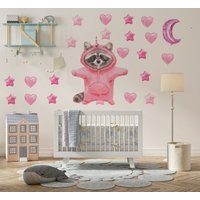 Waschbär Wandtattoo, Wandtattoo Waschbär, Mädchen, Aufkleber, Wandaufkleber Kinderzimmer, Rosa von IgiBee