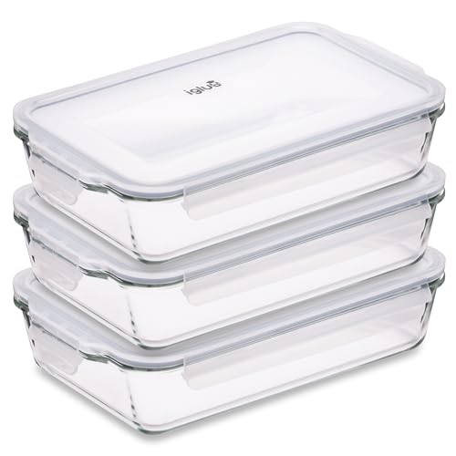 Igluu Meal Prep - Glas-Lasagneform mit luftdichtem Schnappverschluss-Deckel - Große rechteckige Backform - BPA-frei, mikrowellen-, gefrier- und spülmaschinengeeignet 2.2L (Cook n Freeze) - 3er set von Igluu Meal Prep
