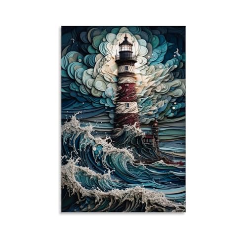 Poster mit Leuchtturm im Sturm, Leinwandkunst, Gemälde, Büro, Zuhause, Bar, ästhetische Wanddekoration, 50 x 75 cm Poster mit Leuchtturm im Sturm, Leinwandkunst, Gemälde, Büro, Zuhause, Bar, ästhetische Wanddekoration, 50 x 75 cm von Igtefte