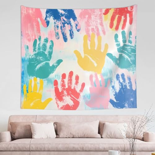 IguaTu Handabdruck-Tapisserie für Kinder, Wanddekoration, 152,4 x 129,5 cm, Boho-Raum, ästhetischer Wandbehang für Schlafzimmer, Wohnheim oder Wohnzimmer von IguaTu