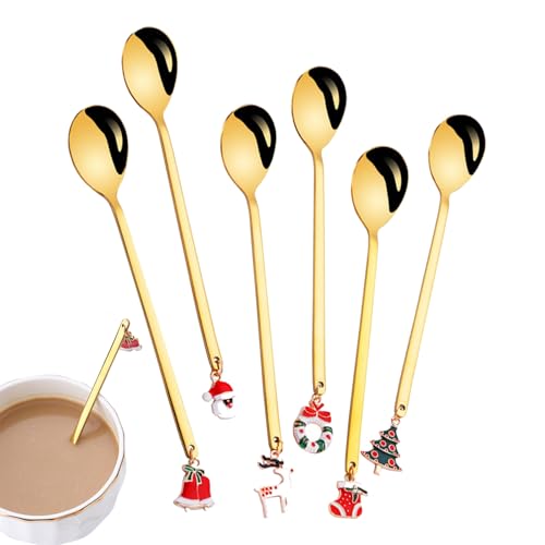 Ihdjasg Weihnachtslöffel-Set aus Edelstahl,Weihnachtslöffel-Set - Kleine Rührlöffel Kaffeelöffel Teelöffel 6 Stück,Bestecklöffel in Lebensmittelqualität, Dessertlöffel-Set zum Rühren, Mischen, von Ihdjasg