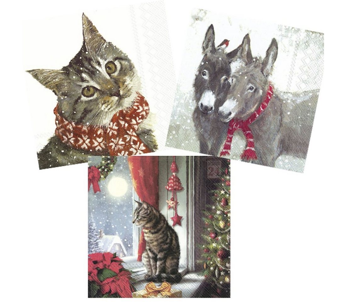 Ihr Ideal Home Range GmbH Papierserviette IHR * Servietten 3 x 20 Stk. Set Katze Esel Christmas Cat, (3 St) von Ihr Ideal Home Range GmbH