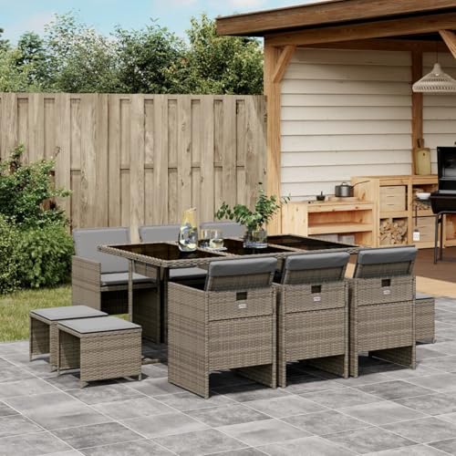 Iiaky 11-TLG. Garten-Essgruppe mit Kissen Sitzgruppe Outdoor TerrassenmöBel Terrassen-Sitzgruppe Garten-Essgruppe Grau Poly Rattan // 3210608 von Iiaky