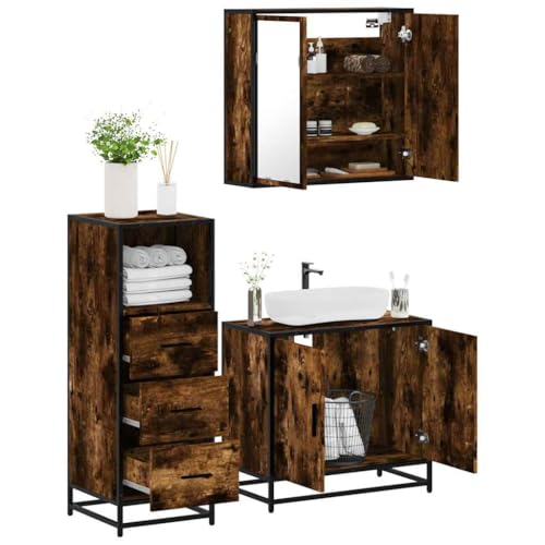 Iiaky 3-TLG. Badmöbel-Set Badezimmer MöBel Set Badinstallationen BadezimmermöBel Set Räuchereiche Holzwerkstoff // 3301007 von Iiaky